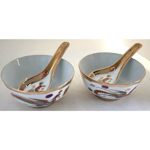 CHINESE SOUP/RICE/NOODLE BOWLS-Spoons-Vintage-Gold Trim-Phoenix & Dragon-Set 2 - Picture 1 of 14